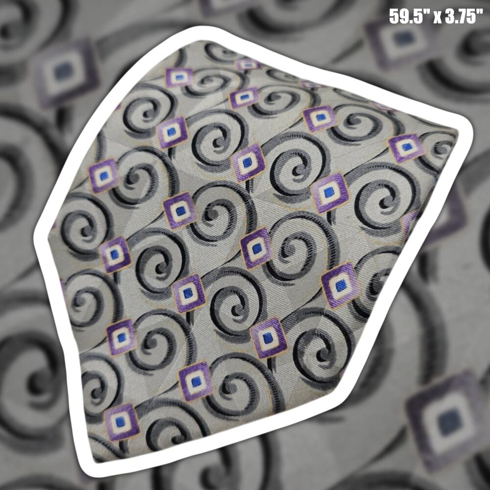 Jos A Bank Executive Silk Tie Silver Grey Purple Geometric Diamond Swirl 59.5"
